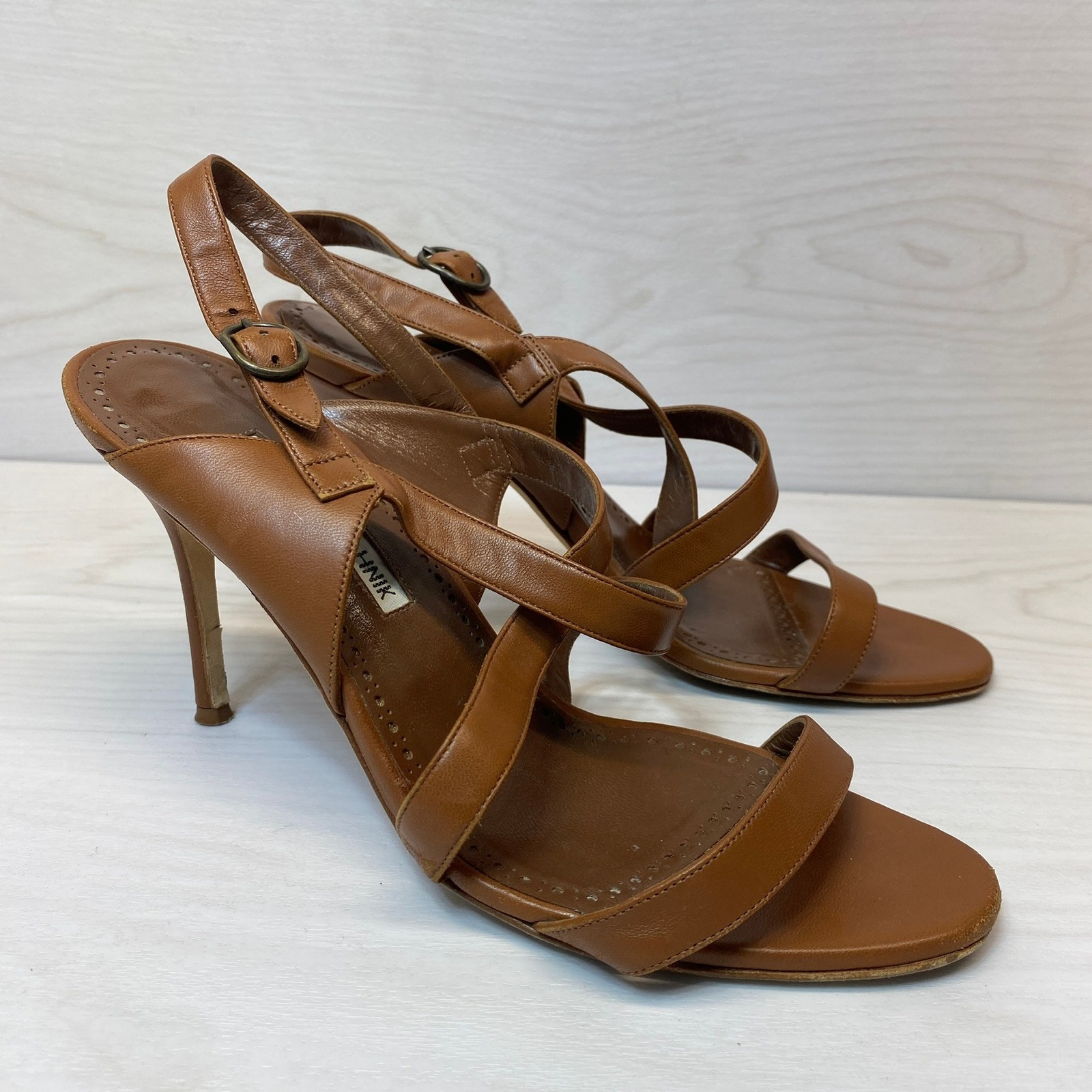 Manolo Blahnik Womens 39 Sandals Strappy Slingback Brown Leather Stiletto Heel